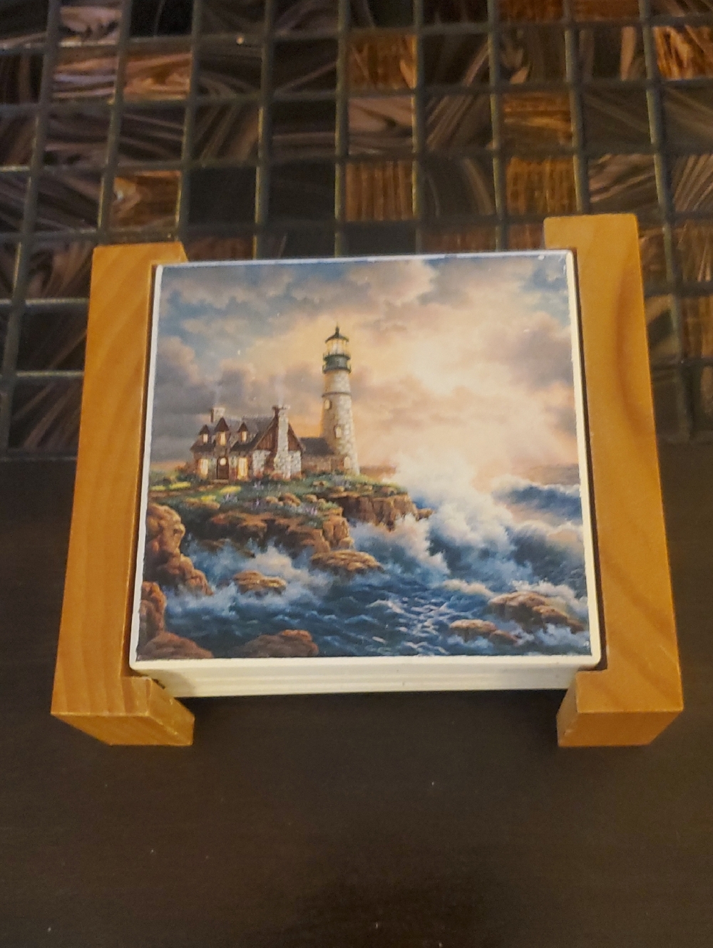 Lighthouse Seascape Ceramic Coaster Set with Wooden Holder - Blue & Brown